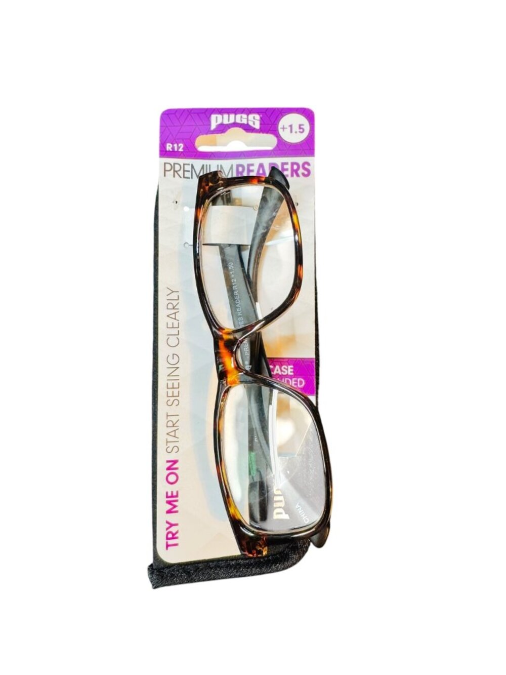 Pugs Premium Reading Glasses +1.5 Tortoise Shell With Soft Case Included